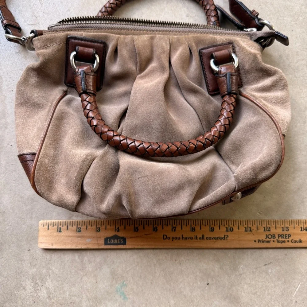 Banana Republic Suede Leather Satchel Bag Braided Handle Tan Brown Crossbody